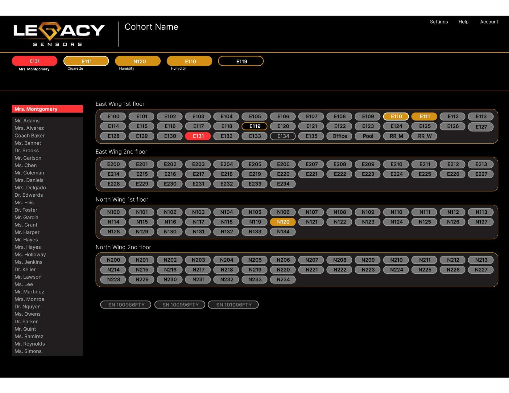 Legacy Sensors browser dashboard showing live floor map with active alerts